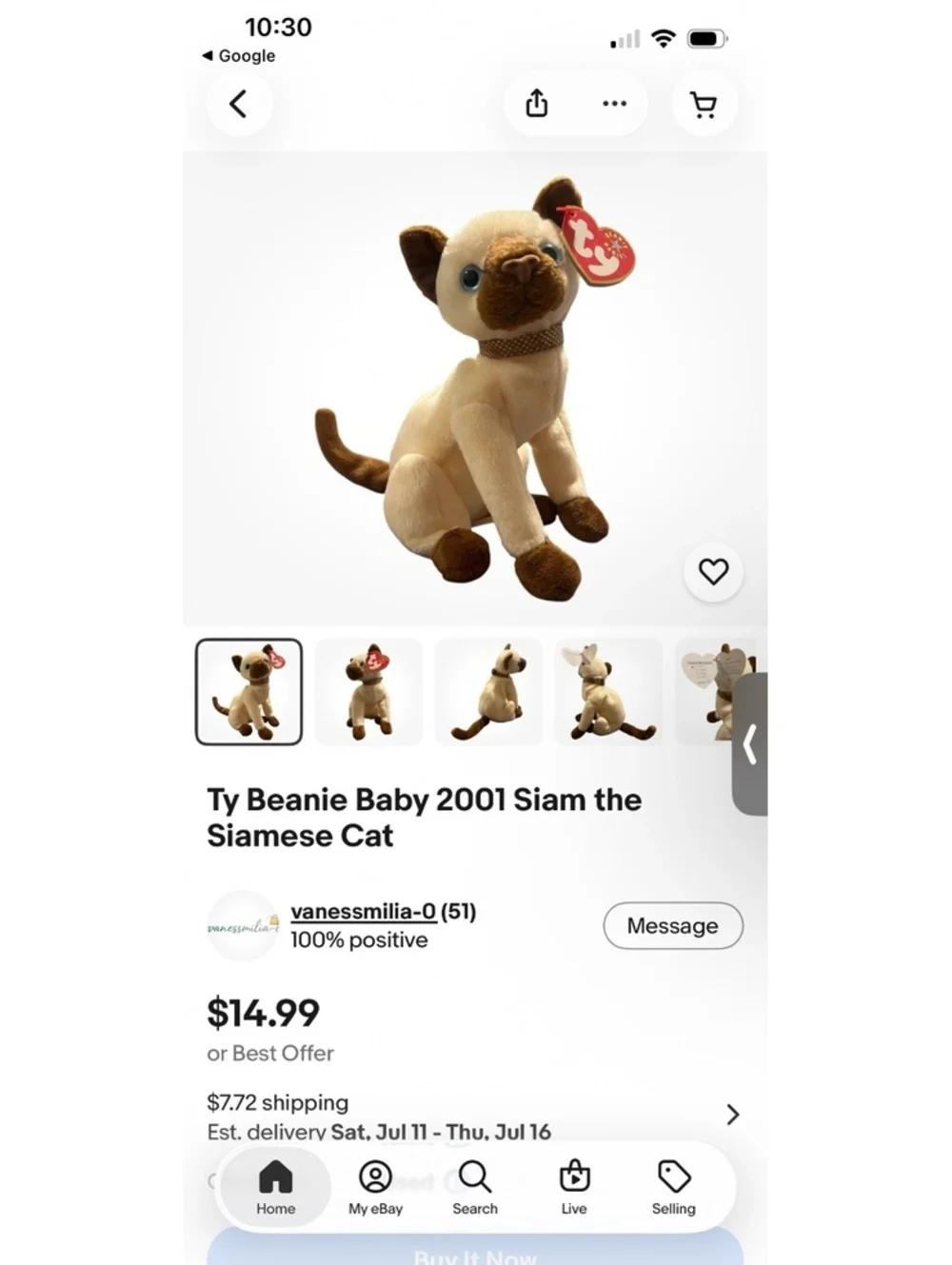 Ty Beanie Baby Siam the Siamese Cat Plush Toy 2001